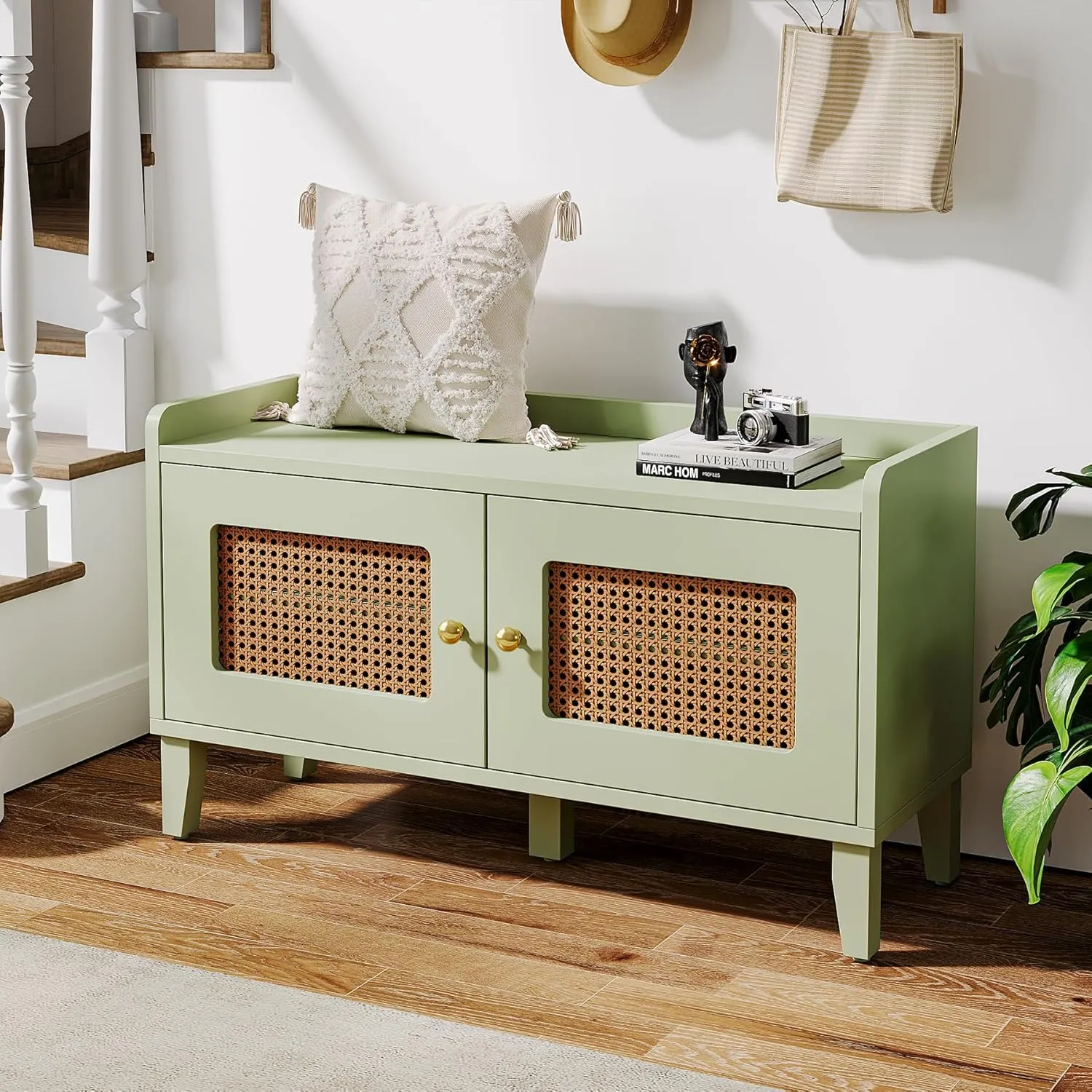Tribesigns Shoe Storage Bench with 2 Doors, Entryway Bench with Seat, 39-Inch 2-Tier Modern Shoe Rack Storage, Rattan Organizer Cabinet with Shelf for Hallway