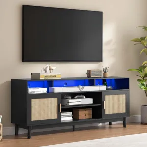 TV Stand for 75 Inch TV Rattan TV Cabinet with Adjustable Shelf Storage, Modern LED Entertainment Center, Boho Media TV Console, Media TV Stands for Living Room Bedroom (Black), Onesize