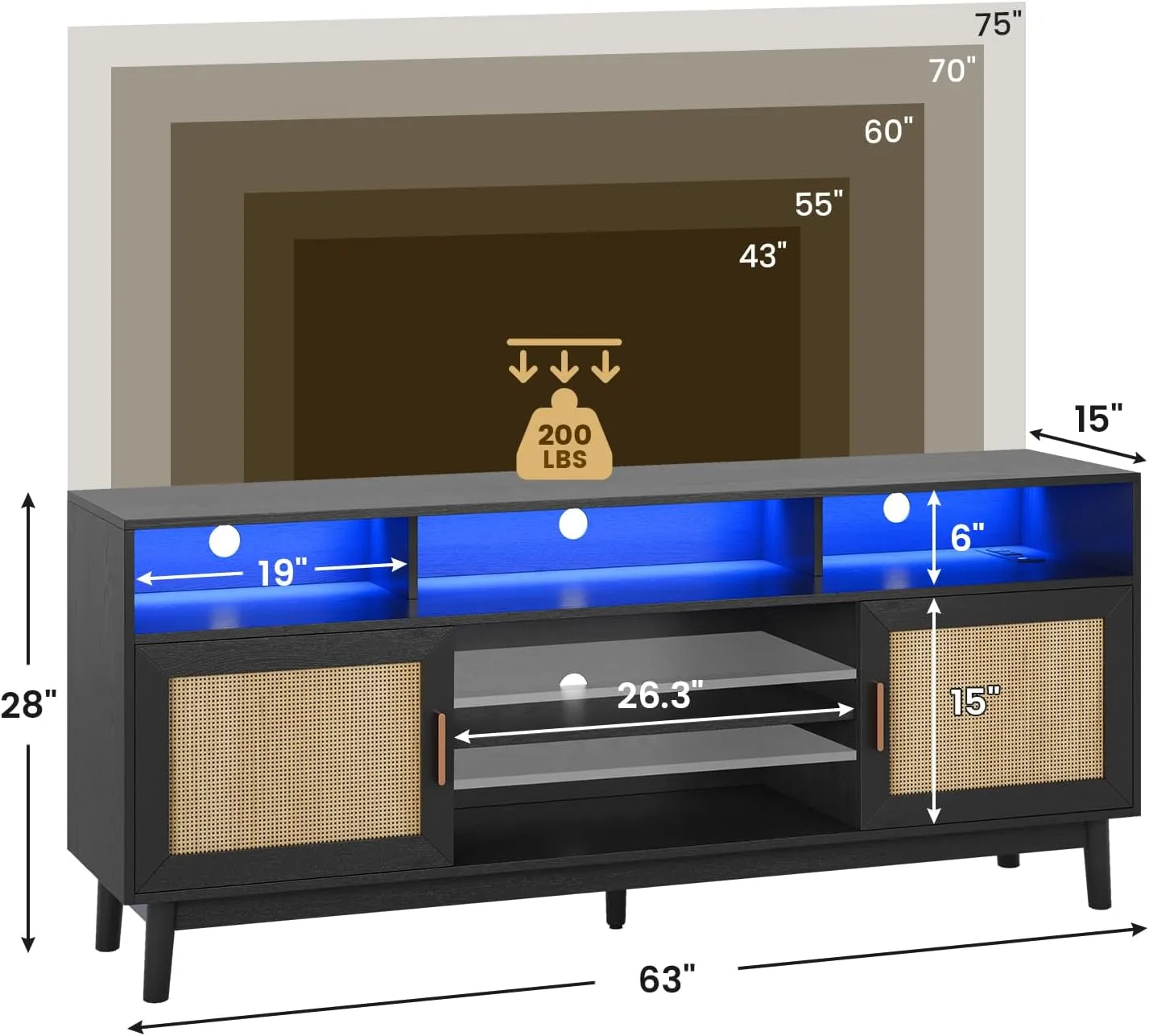 TV Stand for 75 Inch TV Rattan TV Cabinet with Adjustable Shelf Storage, Modern LED Entertainment Center, Boho Media TV Console, Media TV Stands for Living Room Bedroom (Black), Onesize