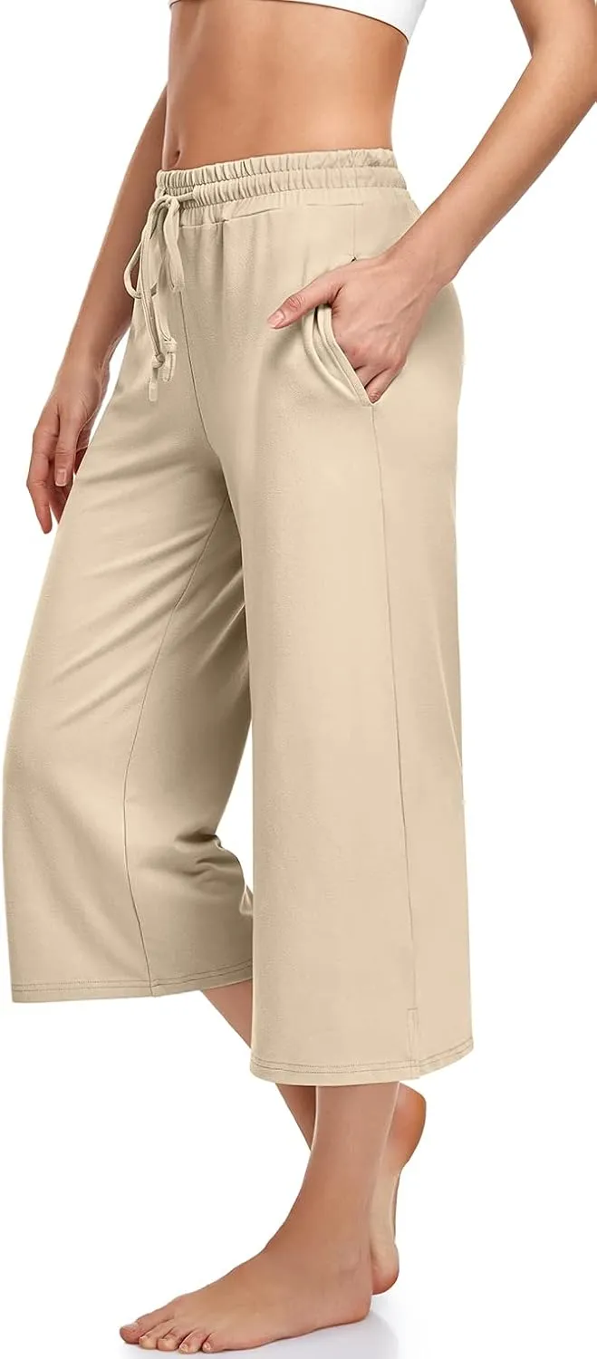 UEU Womens Capri Yoga Pants Summer Wide Leg Loose Casual Cropped Lounge Drawstring Pajama Capris Sweatpants with Pockets