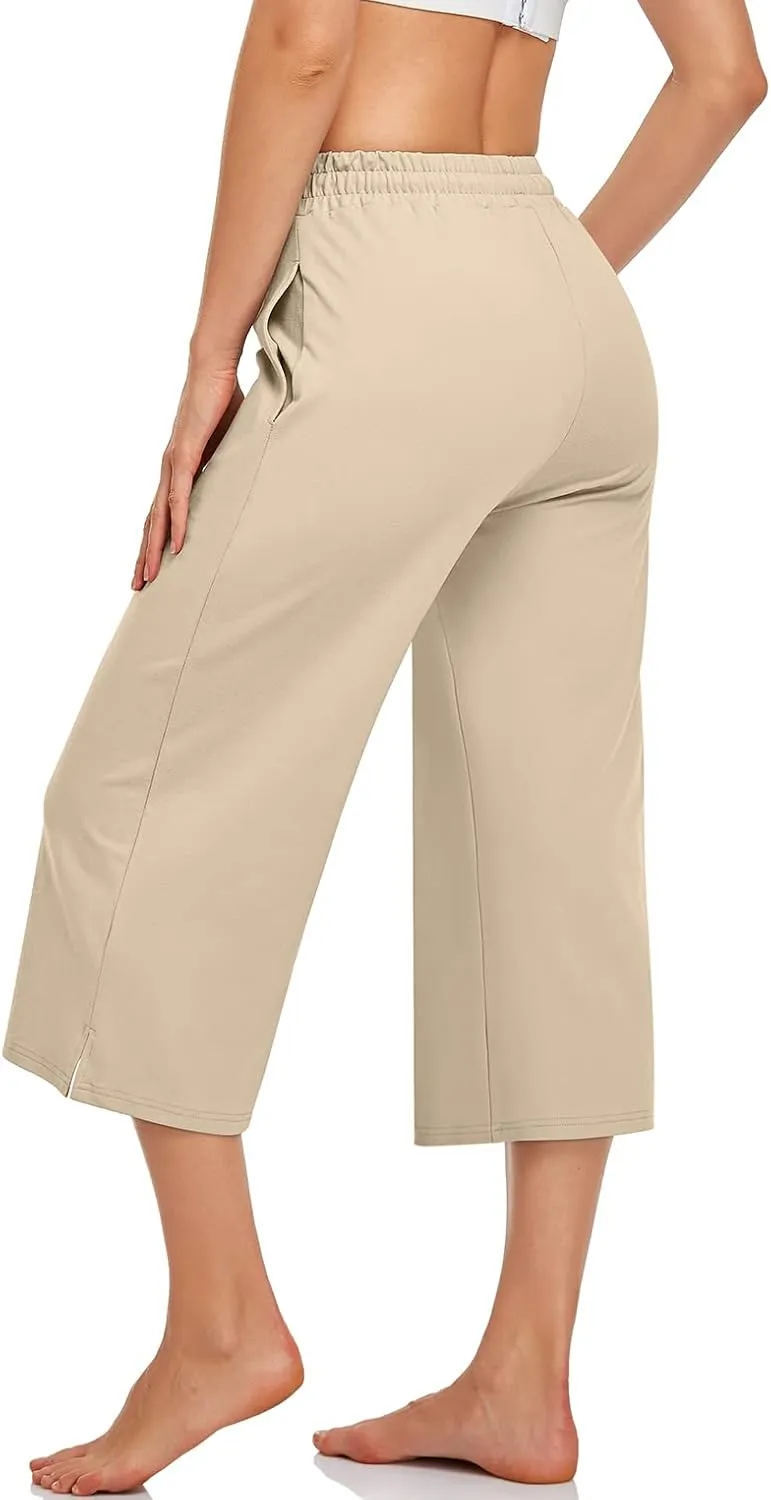 UEU Womens Capri Yoga Pants Summer Wide Leg Loose Casual Cropped Lounge Drawstring Pajama Capris Sweatpants with Pockets