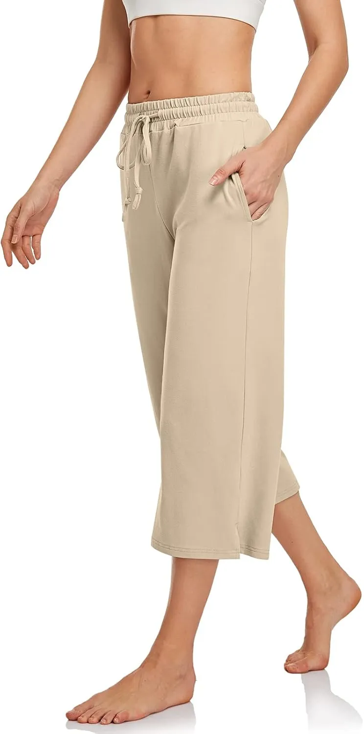 UEU Womens Capri Yoga Pants Summer Wide Leg Loose Casual Cropped Lounge Drawstring Pajama Capris Sweatpants with Pockets