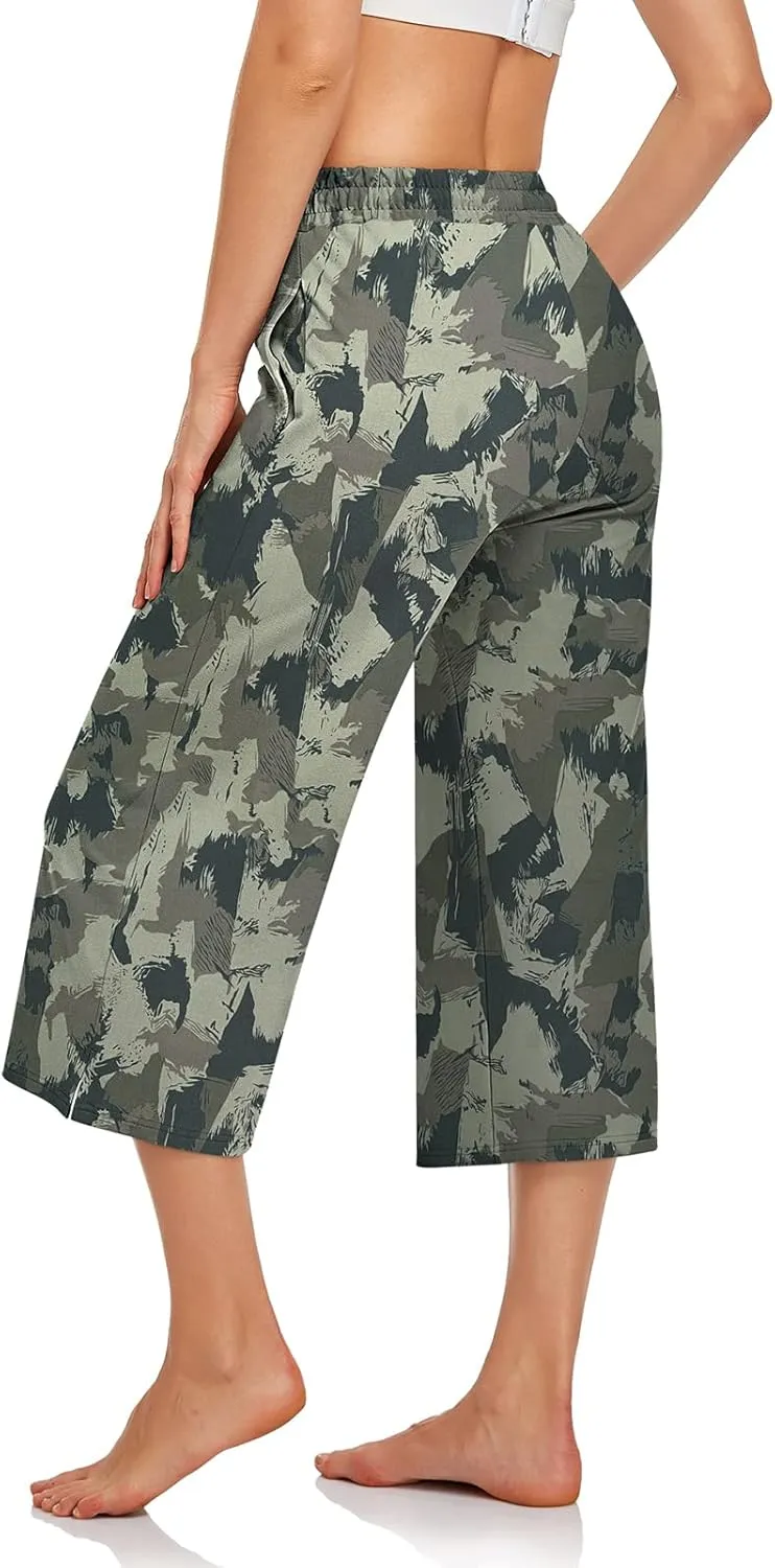 UEU Womens Capri Yoga Pants Summer Wide Leg Loose Casual Cropped Lounge Drawstring Pajama Capris Sweatpants with Pockets
