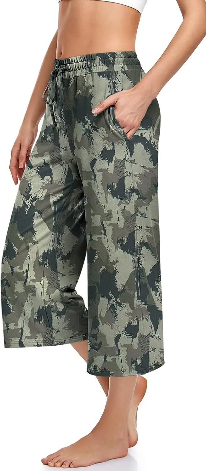 UEU Womens Capri Yoga Pants Summer Wide Leg Loose Casual Cropped Lounge Drawstring Pajama Capris Sweatpants with Pockets