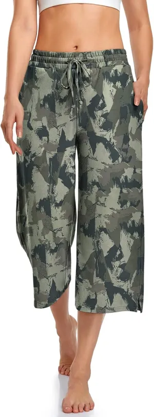 UEU Womens Capri Yoga Pants Summer Wide Leg Loose Casual Cropped Lounge Drawstring Pajama Capris Sweatpants with Pockets