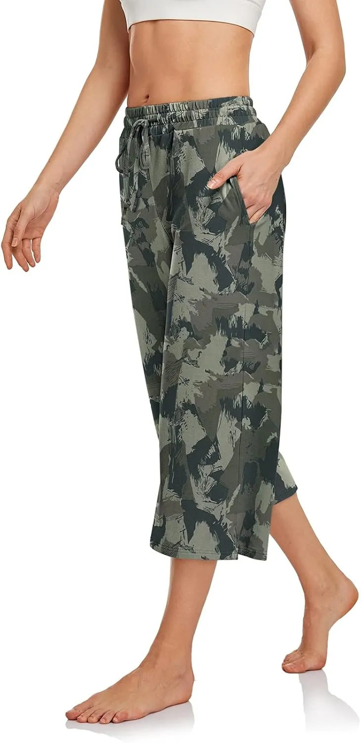 UEU Womens Capri Yoga Pants Summer Wide Leg Loose Casual Cropped Lounge Drawstring Pajama Capris Sweatpants with Pockets