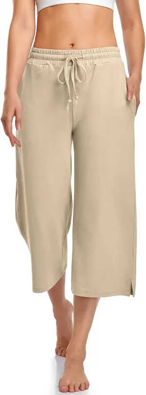 UEU Womens Capri Yoga Pants Summer Wide Leg Loose Casual Cropped Lounge Drawstring Pajama Capris Sweatpants with Pockets