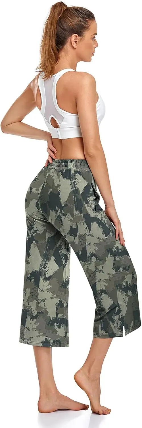 UEU Womens Capri Yoga Pants Summer Wide Leg Loose Casual Cropped Lounge Drawstring Pajama Capris Sweatpants with Pockets