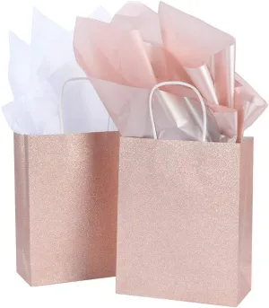 UNIQOOO 12 Pack Rose Gold Glitter Gift Bags w/ 12 Rose Gold 12 White Tissue Wrapping Paper | Kraft Paper Favor Bag for Wedding Bridal Shower Baby Shower Valentine's Day Holiday Anniversary Party
