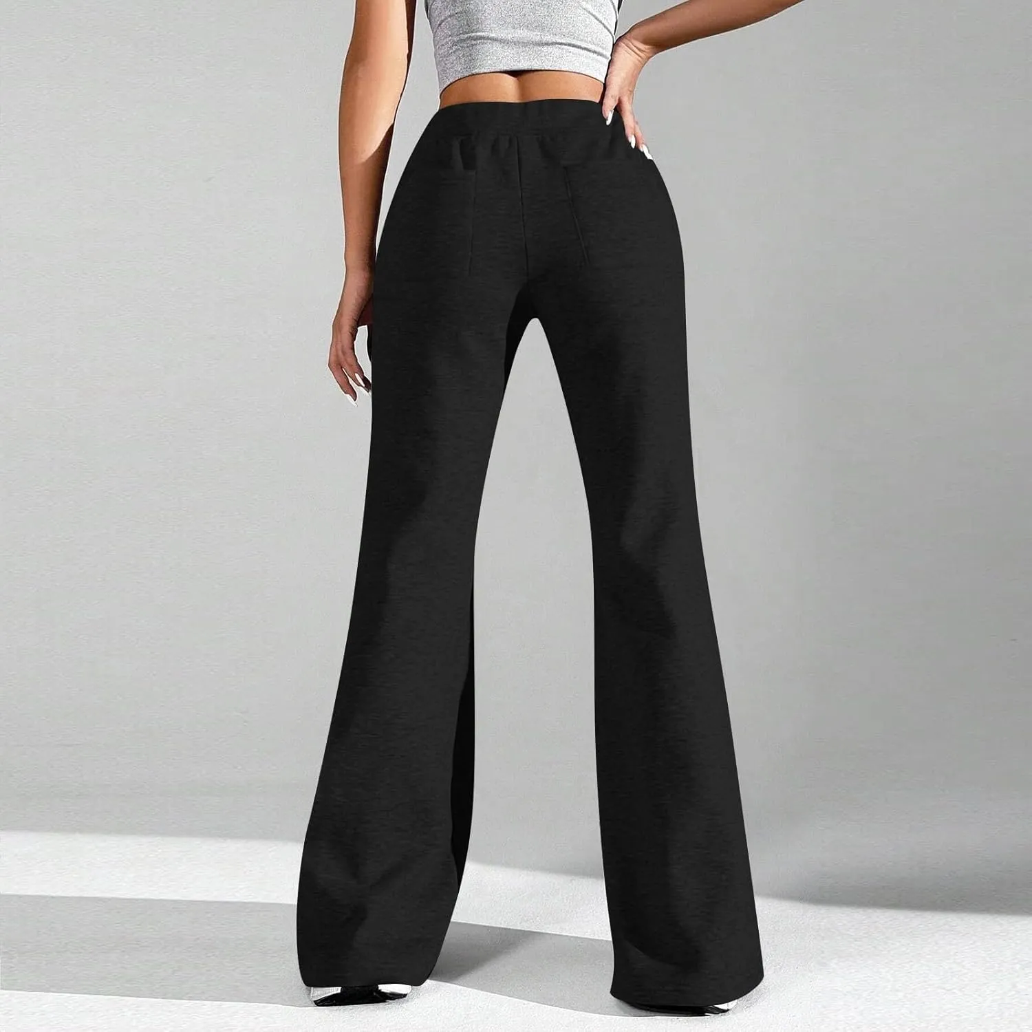 UQRZAU Ladies Fashion Loose Draw String Waist Solid Color Cargo Pants Leisure Flares