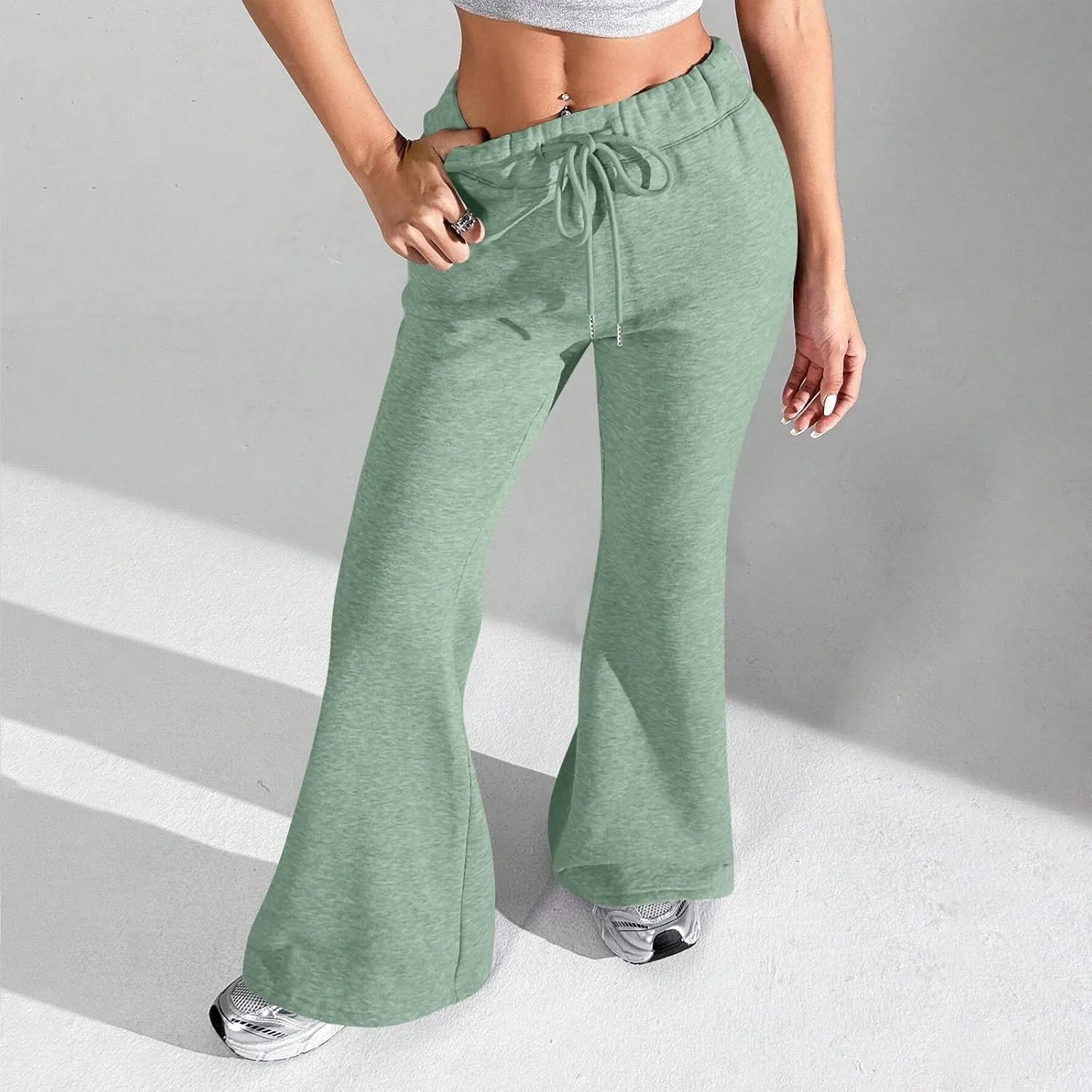 UQRZAU Ladies Fashion Loose Draw String Waist Solid Color Cargo Pants Leisure Flares