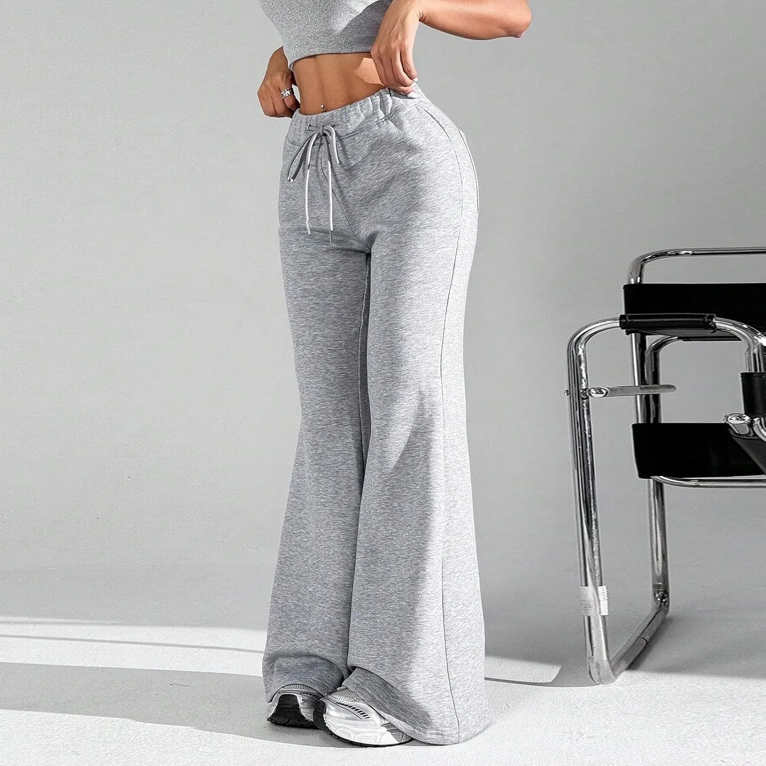 UQRZAU Ladies Fashion Loose Draw String Waist Solid Color Cargo Pants Leisure Flares