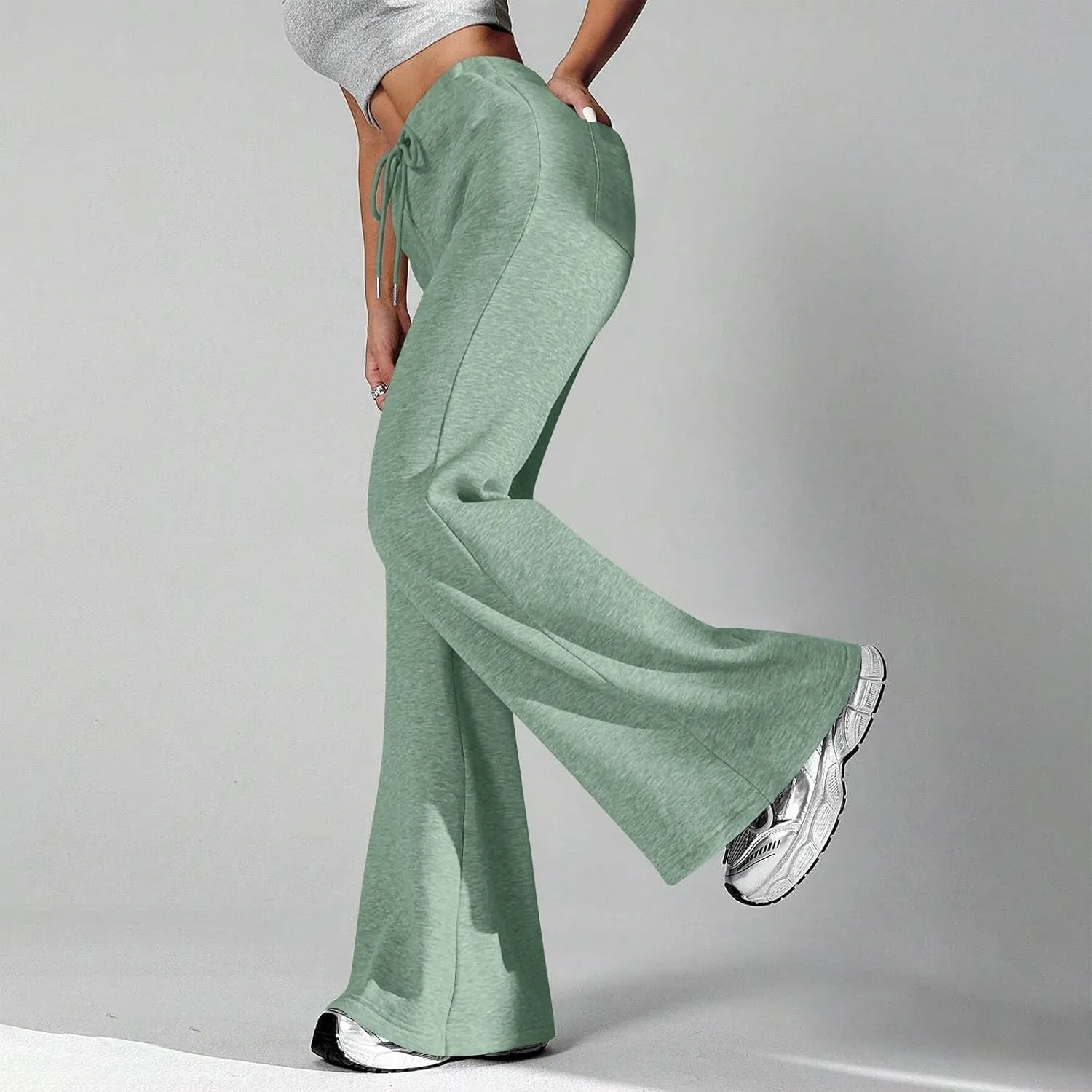 UQRZAU Ladies Fashion Loose Draw String Waist Solid Color Cargo Pants Leisure Flares
