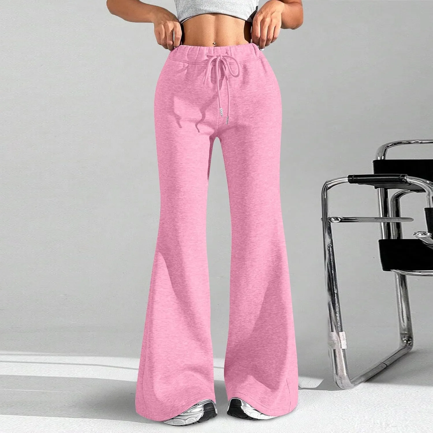 UQRZAU Ladies Fashion Loose Draw String Waist Solid Color Cargo Pants Leisure Flares