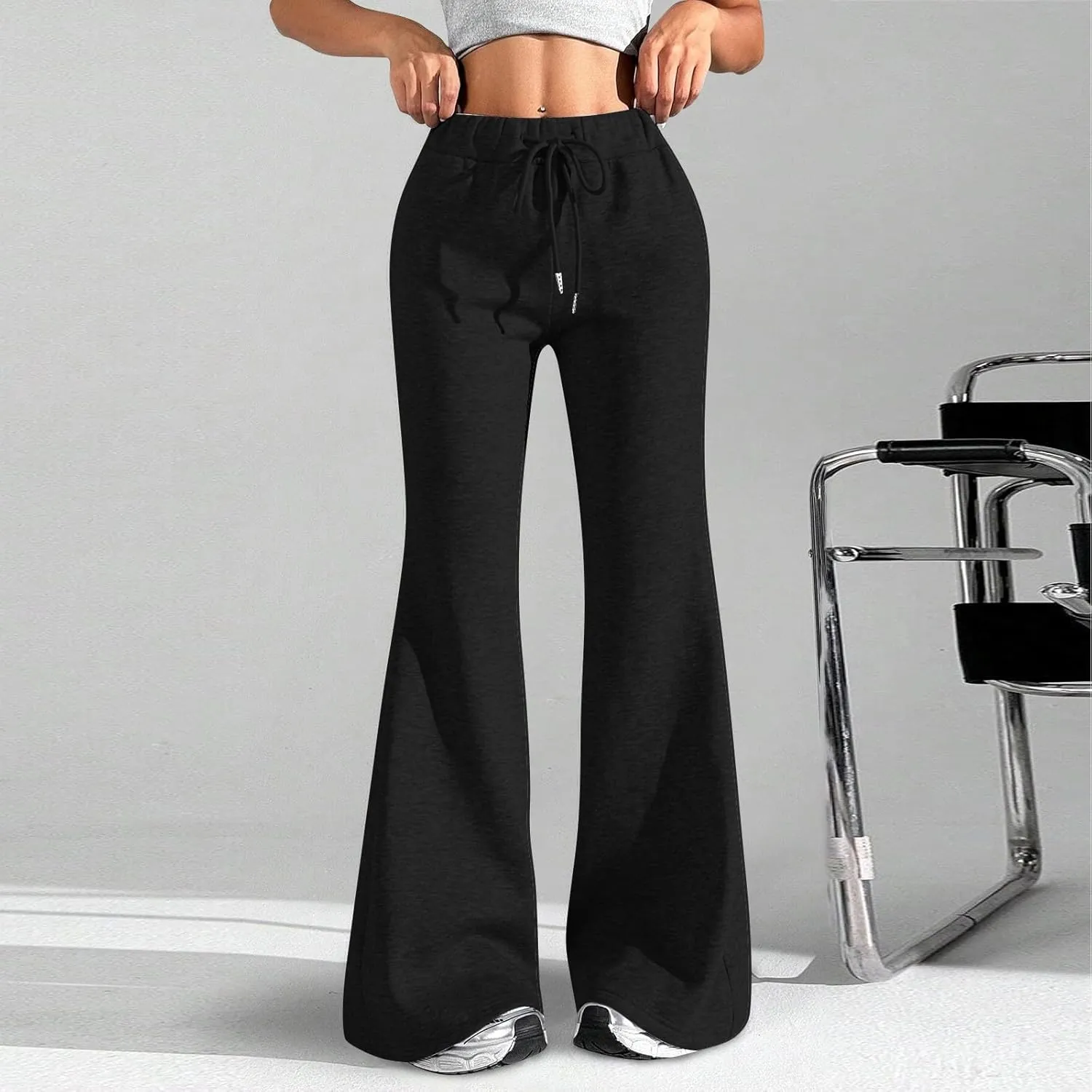 UQRZAU Ladies Fashion Loose Draw String Waist Solid Color Cargo Pants Leisure Flares