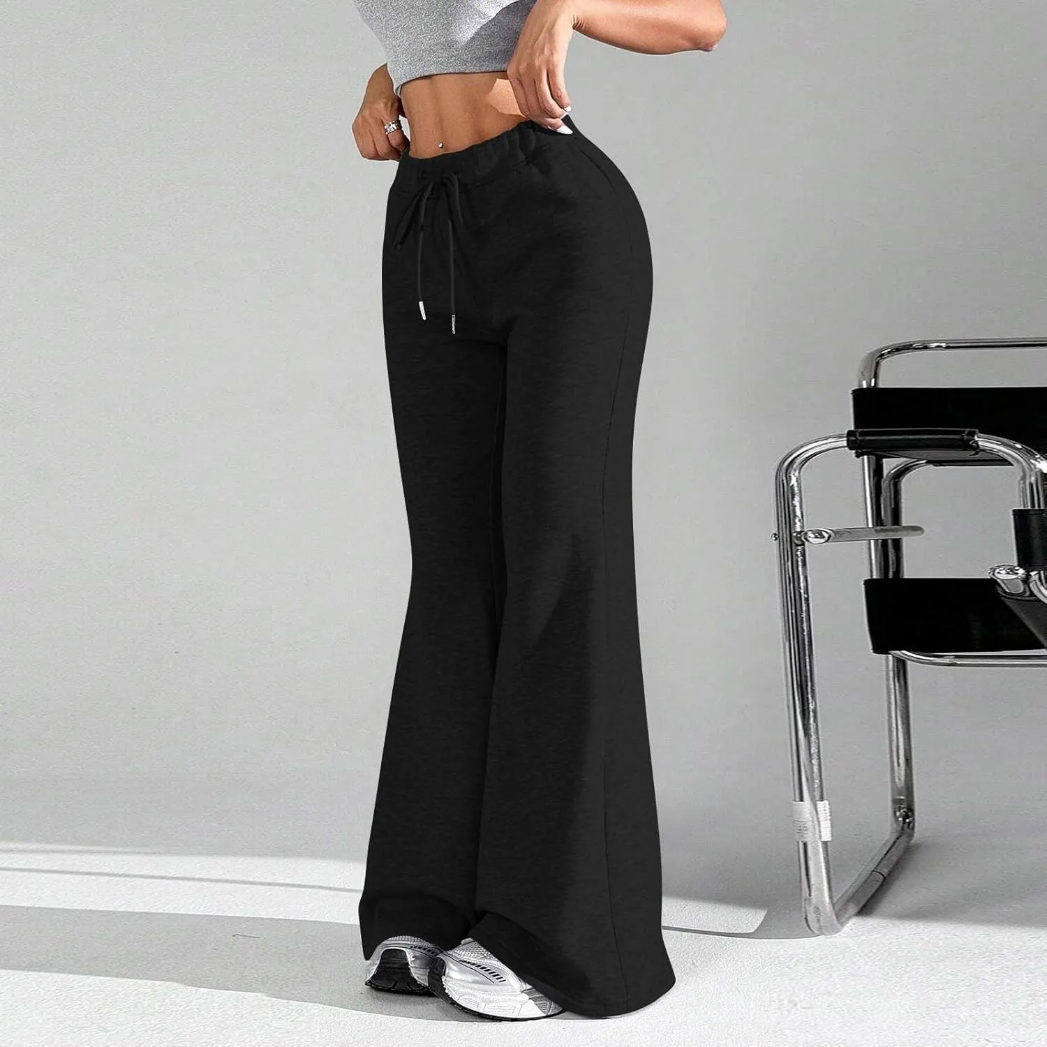 UQRZAU Ladies Fashion Loose Draw String Waist Solid Color Cargo Pants Leisure Flares