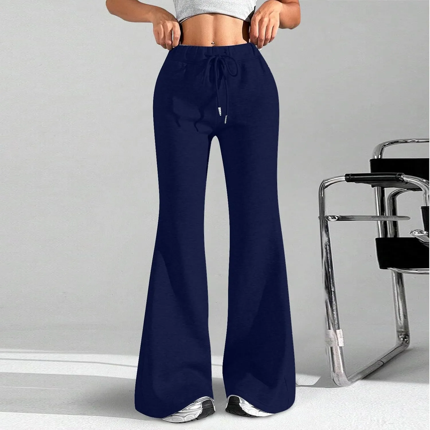 UQRZAU Ladies Fashion Loose Draw String Waist Solid Color Cargo Pants Leisure Flares