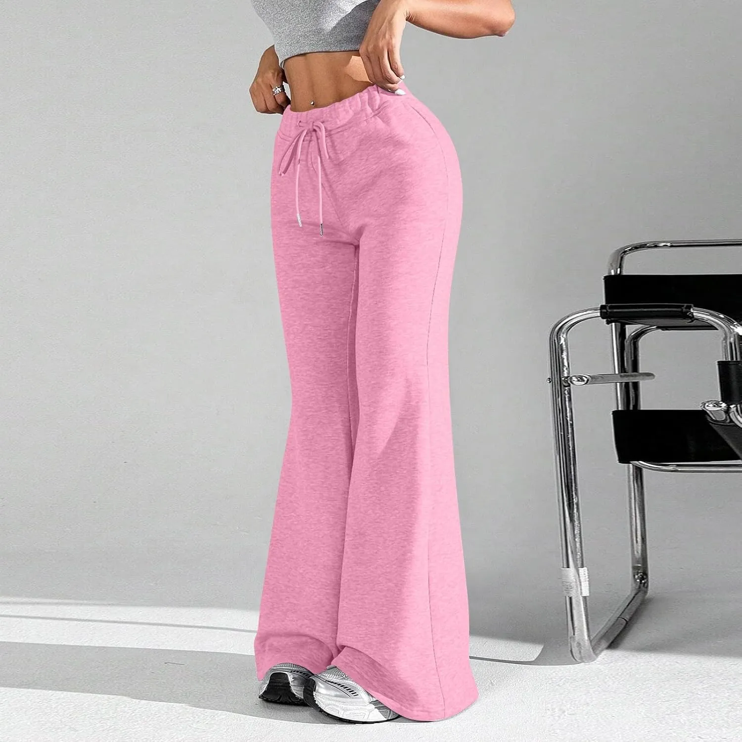 UQRZAU Ladies Fashion Loose Draw String Waist Solid Color Cargo Pants Leisure Flares