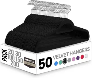 Utopia Home Premium Velvet Hangers 50 Pack - Non-Slip Clothes Hanger with Tie Bar - Black Hangers with 360 Degree Rotatable Hook - Heavy Duty Coat Hanger