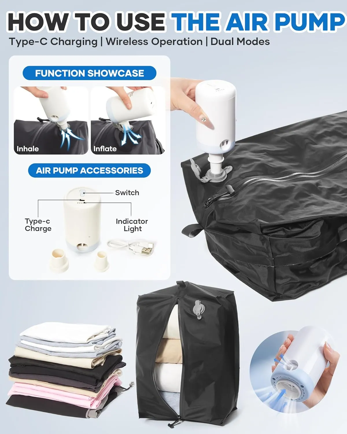 Vacuum Seal Bags for Clothing Travel Vacuum Bag with Electric Pump, Carry on Luggage Compression Bags for Packing, Weekender Personal Item Overnight Tote Bags for Women Men for Airlines