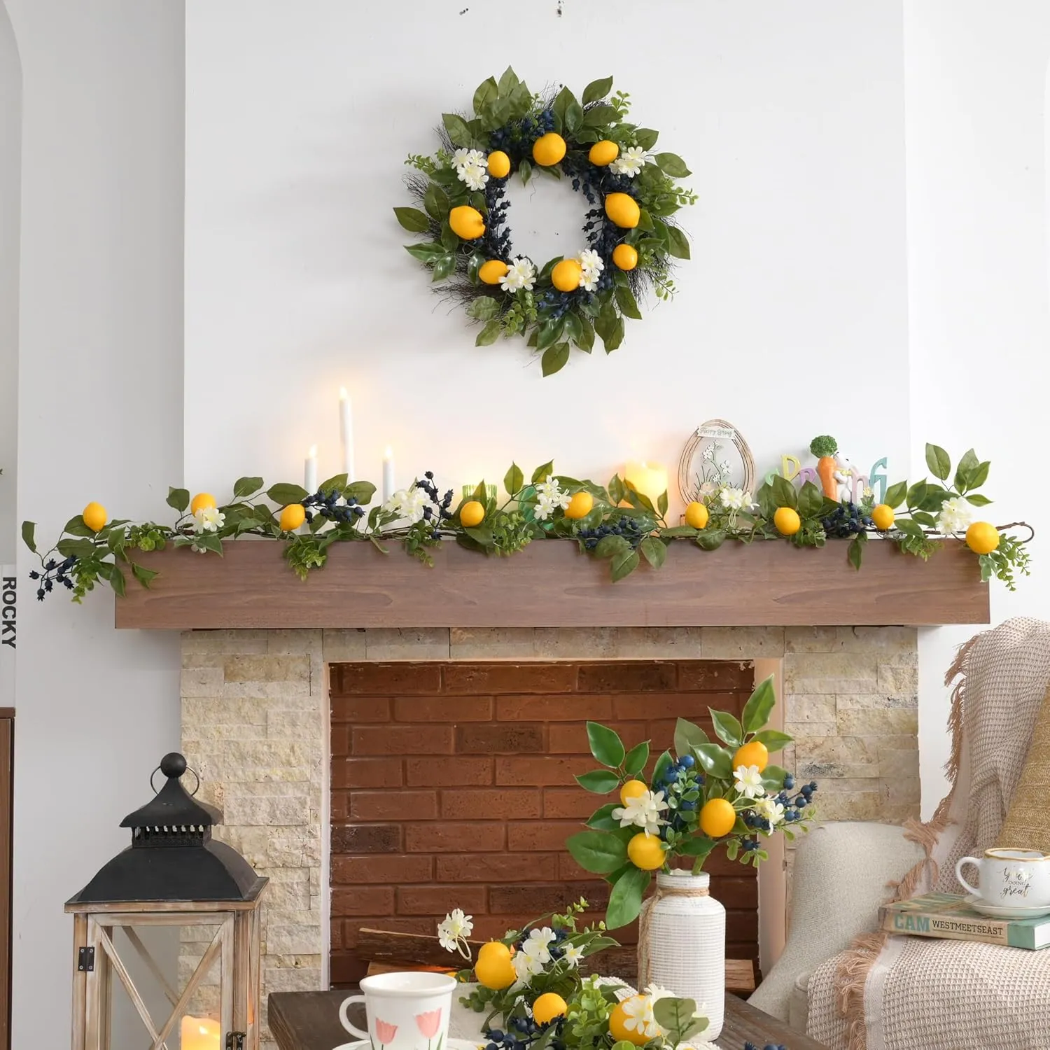 Valery Madelyn Summer Lemon Garland for Mantle with Lights, 6FT Spring Fake Fruit Eucalyptus Garland for Stairs, Artificial Thick Faux Greenery Vine for Farmhouse Home Kitchen Party Table Centerpiece