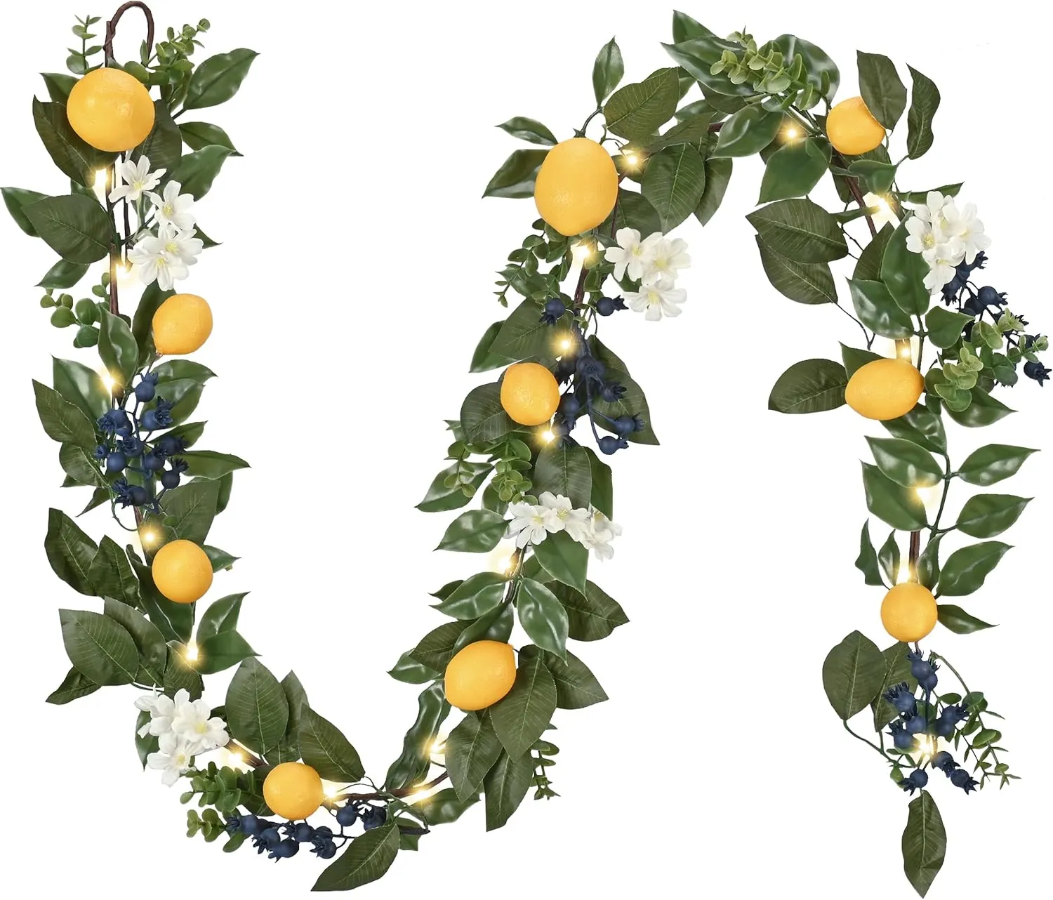 Valery Madelyn Summer Lemon Garland for Mantle with Lights, 6FT Spring Fake Fruit Eucalyptus Garland for Stairs, Artificial Thick Faux Greenery Vine for Farmhouse Home Kitchen Party Table Centerpiece
