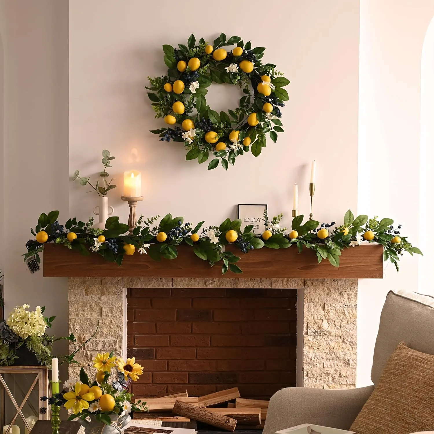 Valery Madelyn Summer Lemon Garland for Mantle with Lights, 6FT Spring Fake Fruit Eucalyptus Garland for Stairs, Artificial Thin Faux Greenery Vine for Farmhouse Home Kitchen Party Table Centerpiece
