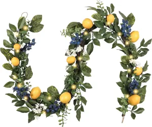 Valery Madelyn Summer Lemon Garland for Mantle with Lights, 6FT Spring Fake Fruit Eucalyptus Garland for Stairs, Artificial Thin Faux Greenery Vine for Farmhouse Home Kitchen Party Table Centerpiece