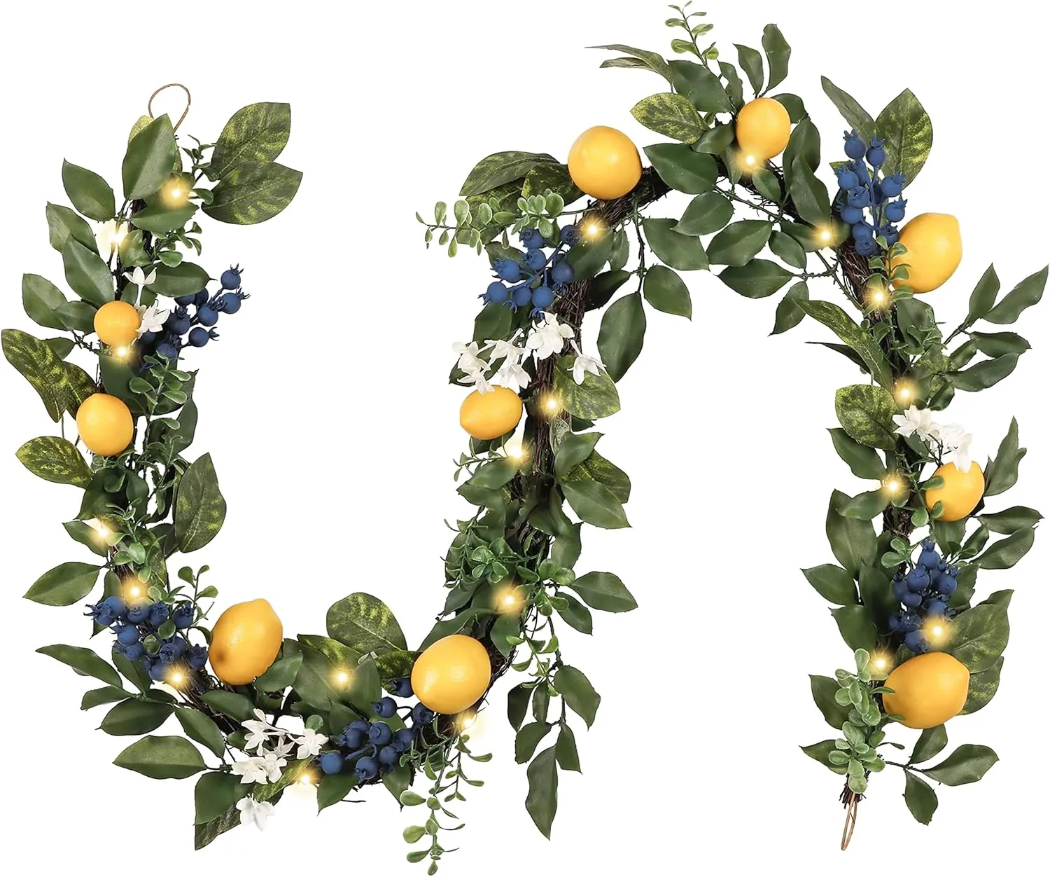 Valery Madelyn Summer Lemon Garland for Mantle with Lights, 6FT Spring Fake Fruit Eucalyptus Garland for Stairs, Artificial Thin Faux Greenery Vine for Farmhouse Home Kitchen Party Table Centerpiece
