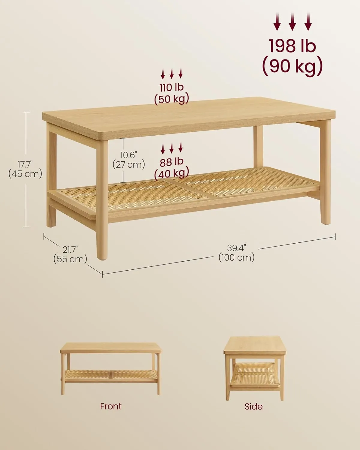 VASAGLE 2-Tier Coffee Table for Living Room, Living Room Table Rectangular Center Table, with PVC Rattan Storage Shelf, Rounded Corners, Easy Assembly, Boho Style, Oak Beige ULCT240Y57