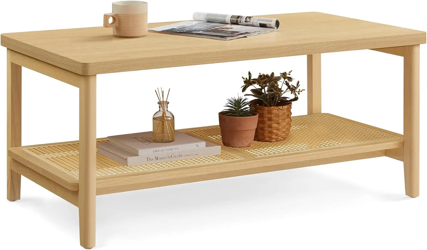 VASAGLE 2-Tier Coffee Table for Living Room, Living Room Table Rectangular Center Table, with PVC Rattan Storage Shelf, Rounded Corners, Easy Assembly, Boho Style, Oak Beige ULCT240Y57