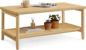 VASAGLE 2-Tier Coffee Table for Living Room, Living Room Table Rectangular Center Table, with PVC Rattan Storage Shelf, Rounded Corners, Easy Assembly, Boho Style, Oak Beige ULCT240Y57