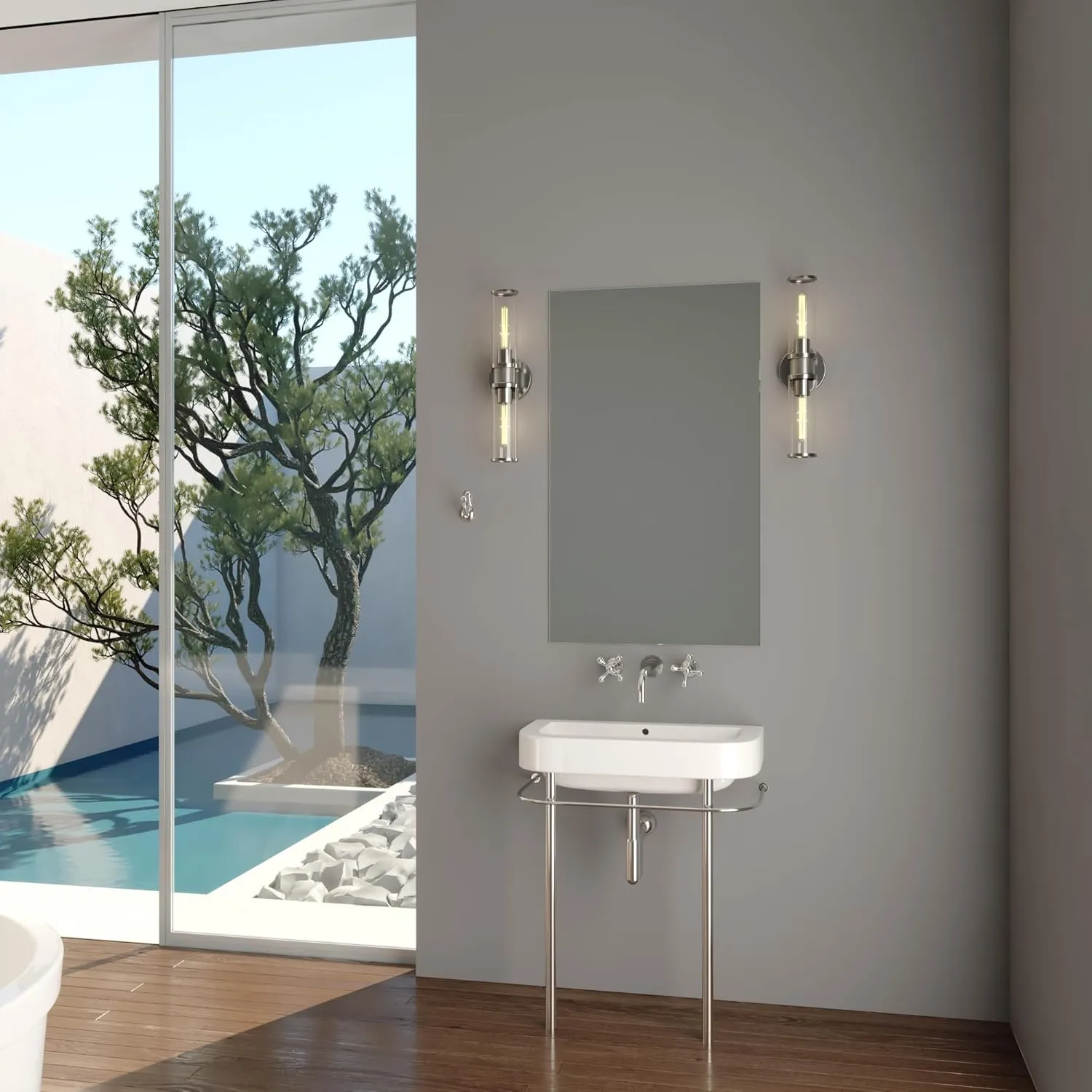 VAXCEL Levitt 2 Light Bathroom Vanity Fixture, Mid Century Modern Industrial Style, Polished Nickel Finish, Clear Glass