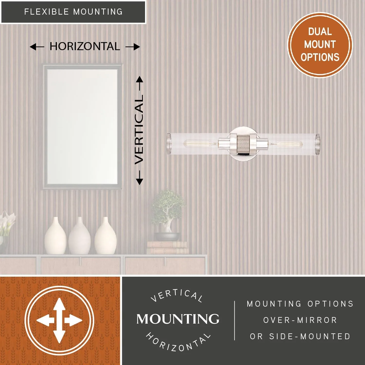 VAXCEL Levitt 2 Light Bathroom Vanity Fixture, Mid Century Modern Industrial Style, Polished Nickel Finish, Clear Glass