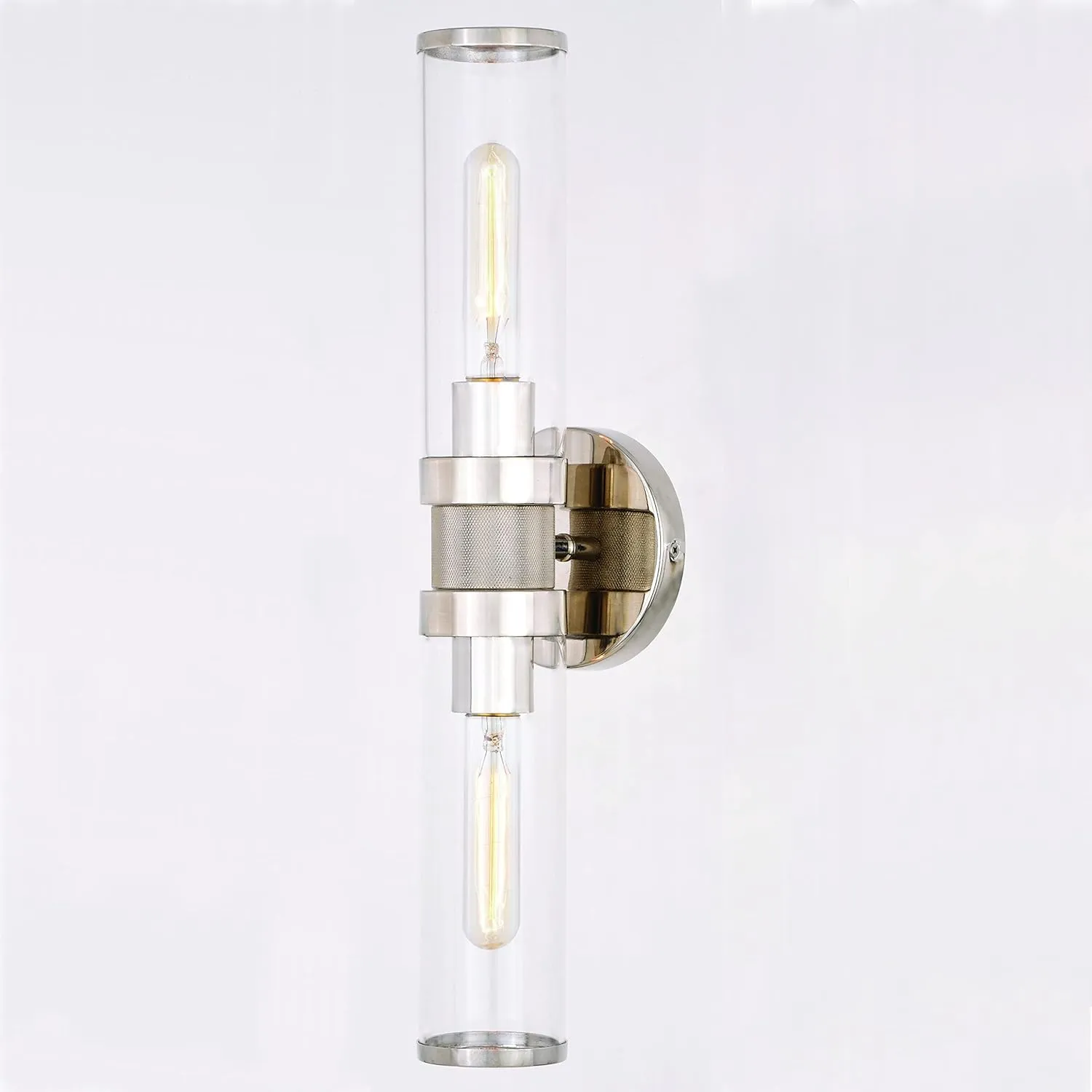 VAXCEL Levitt 2 Light Bathroom Vanity Fixture, Mid Century Modern Industrial Style, Polished Nickel Finish, Clear Glass