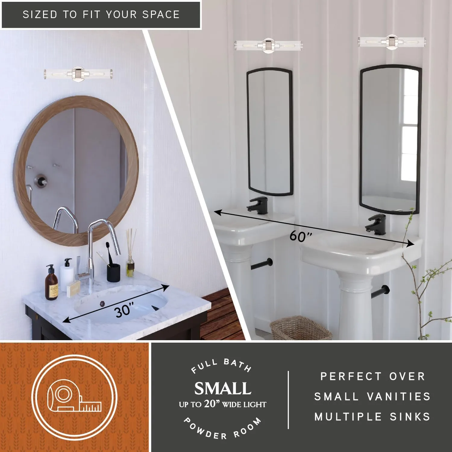 VAXCEL Levitt 2 Light Bathroom Vanity Fixture, Mid Century Modern Industrial Style, Polished Nickel Finish, Clear Glass