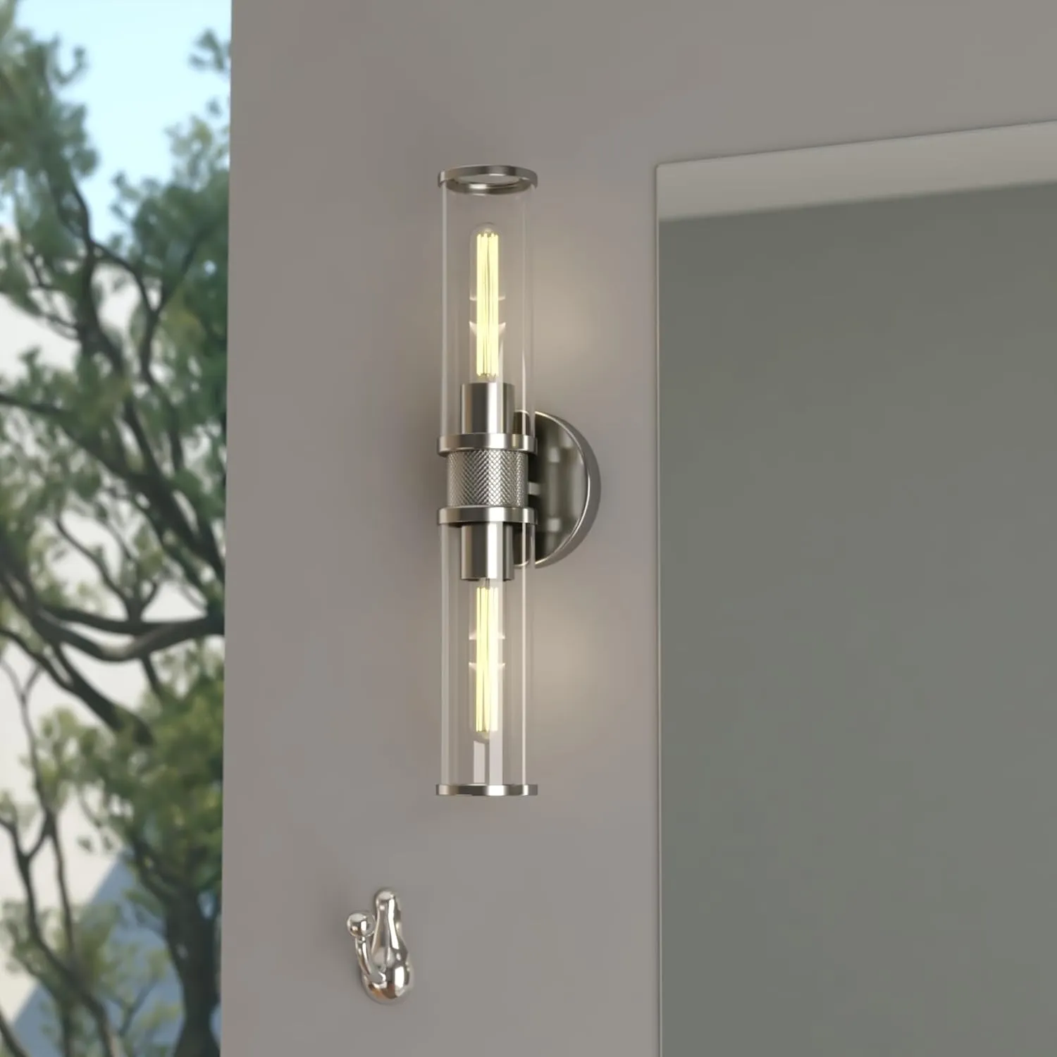 VAXCEL Levitt 2 Light Bathroom Vanity Fixture, Mid Century Modern Industrial Style, Polished Nickel Finish, Clear Glass