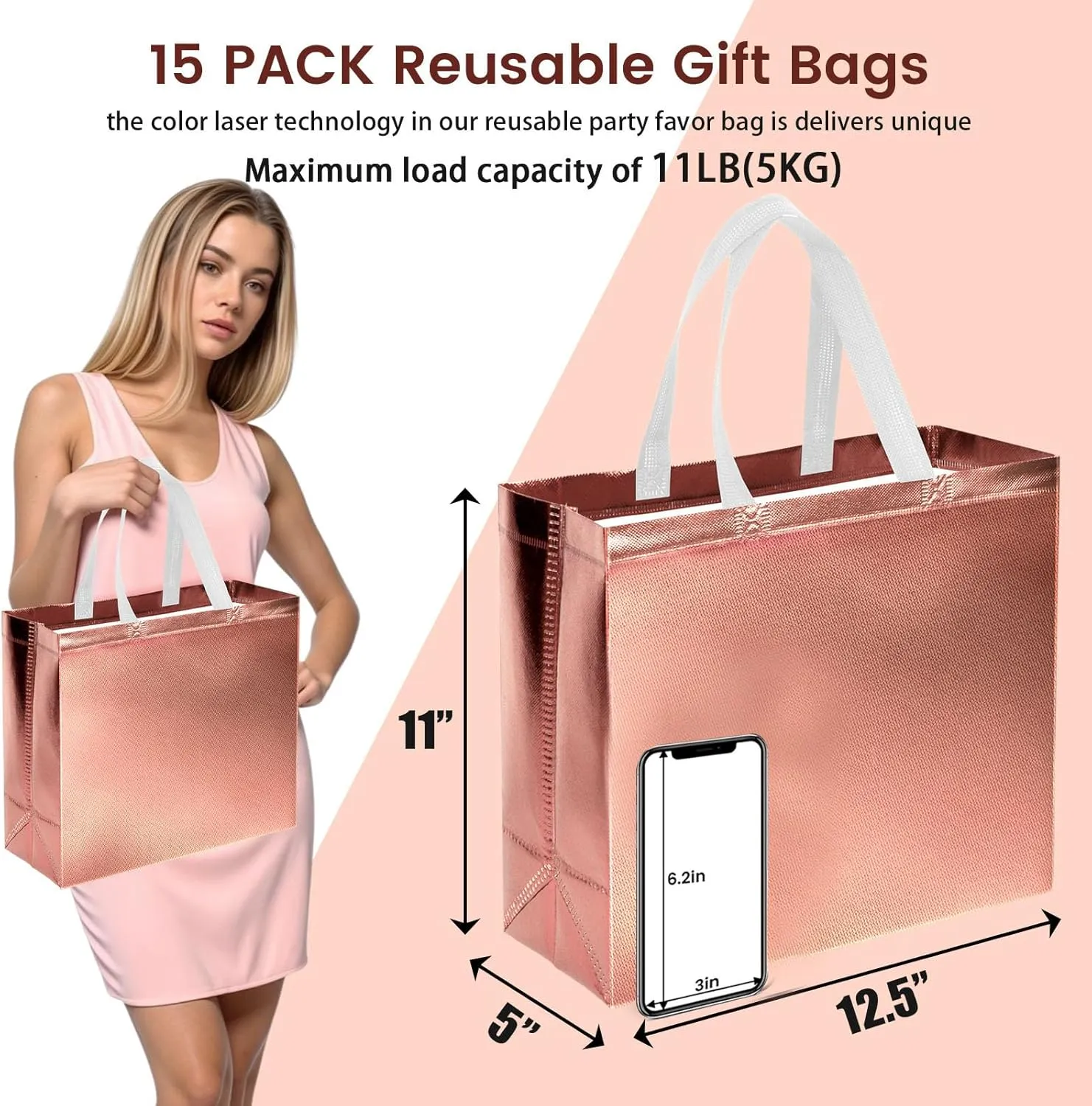 VGOODALL 15 Pack Gift Bags with Handles, 12.6" x 5" x 11" Rose Gold Reusable Gift Bags Bulk for Birthday Wedding Party Favor Goodie
