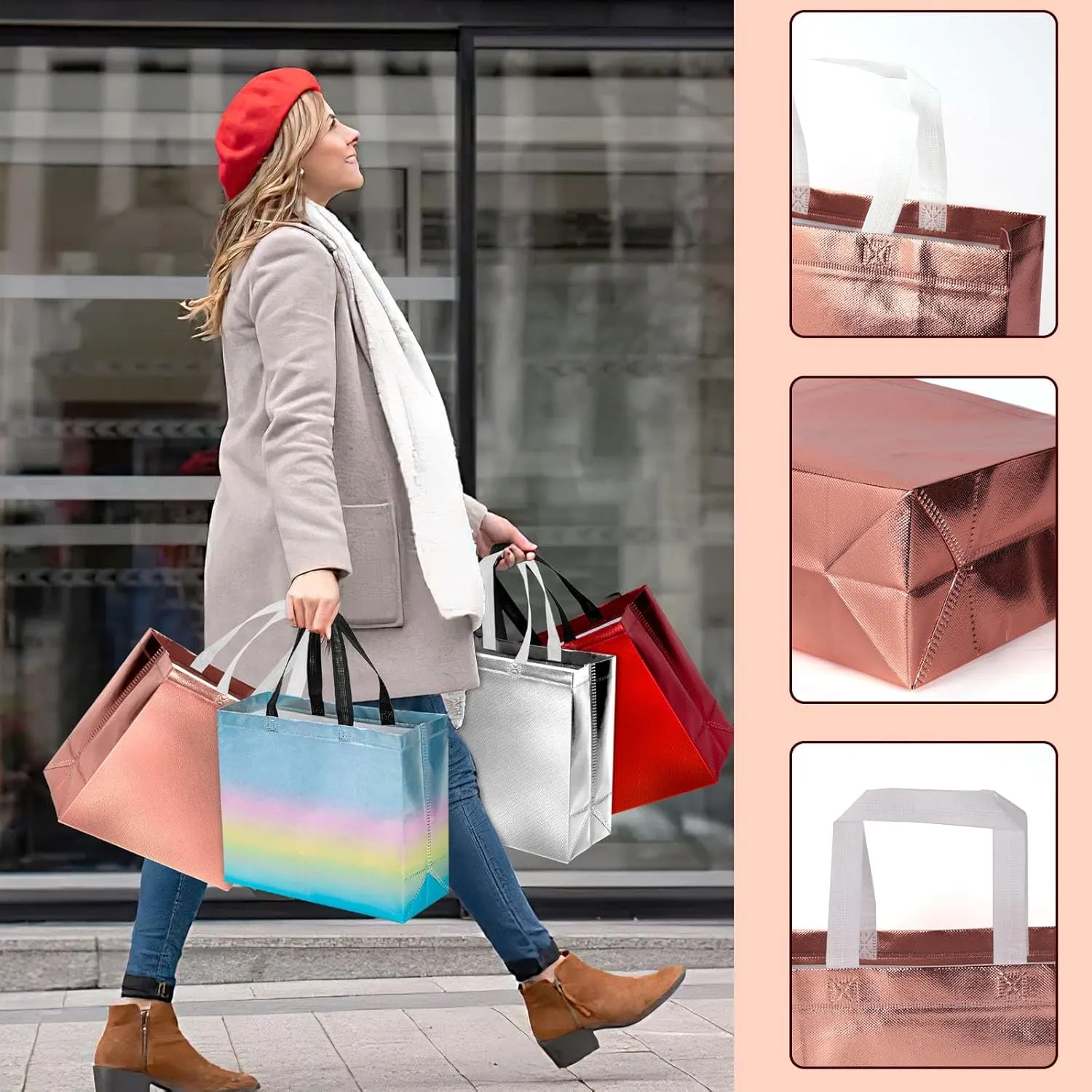 VGOODALL 15 Pack Gift Bags with Handles, 12.6" x 5" x 11" Rose Gold Reusable Gift Bags Bulk for Birthday Wedding Party Favor Goodie