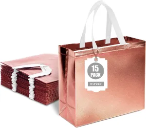 VGOODALL 15 Pack Gift Bags with Handles, 12.6" x 5" x 11" Rose Gold Reusable Gift Bags Bulk for Birthday Wedding Party Favor Goodie