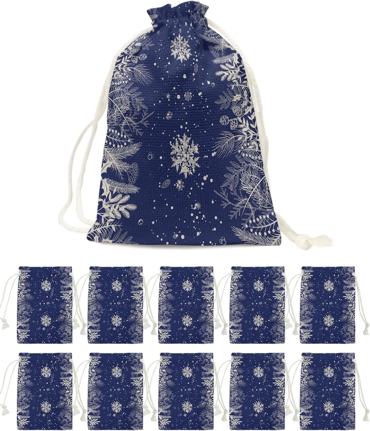 Victoroes Christmas Drawstring Gift Bags 10 Pieces, 5" x 7" Small Xmas Snowflake and Pine Leaves (Blue) Gift Bag Reusable Fabric Wrap Bags for Wedding Party Birthday Christmas Seasonal Holiday
