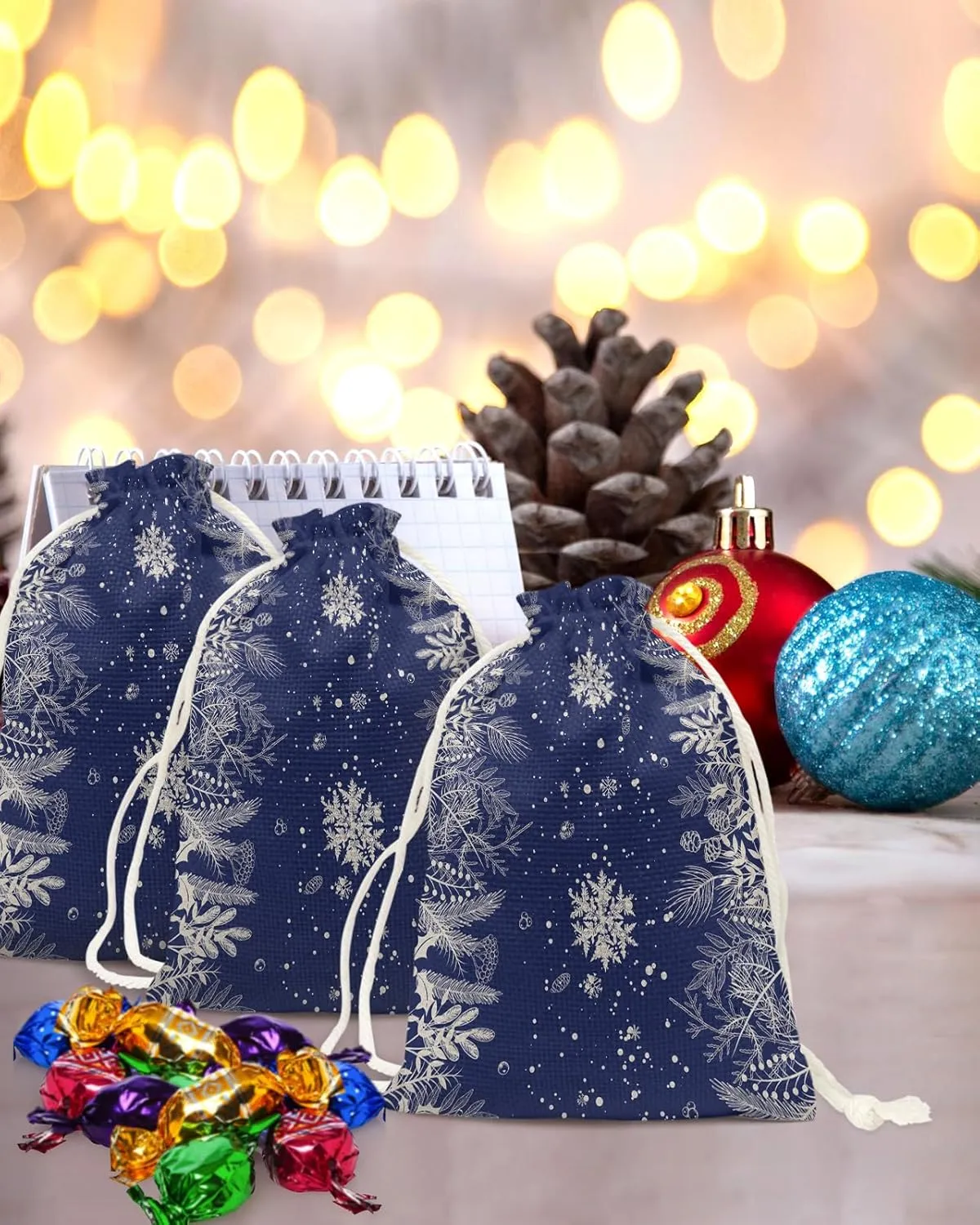 Victoroes Christmas Drawstring Gift Bags 10 Pieces, 5" x 7" Small Xmas Snowflake and Pine Leaves (Blue) Gift Bag Reusable Fabric Wrap Bags for Wedding Party Birthday Christmas Seasonal Holiday