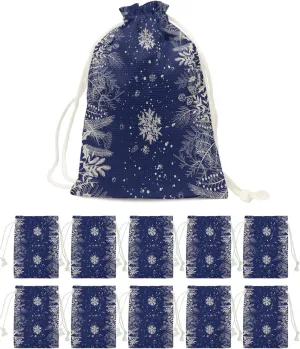 Victoroes Christmas Drawstring Gift Bags 10 Pieces, 5" x 7" Small Xmas Snowflake and Pine Leaves (Blue) Gift Bag Reusable Fabric Wrap Bags for Wedding Party Birthday Christmas Seasonal Holiday