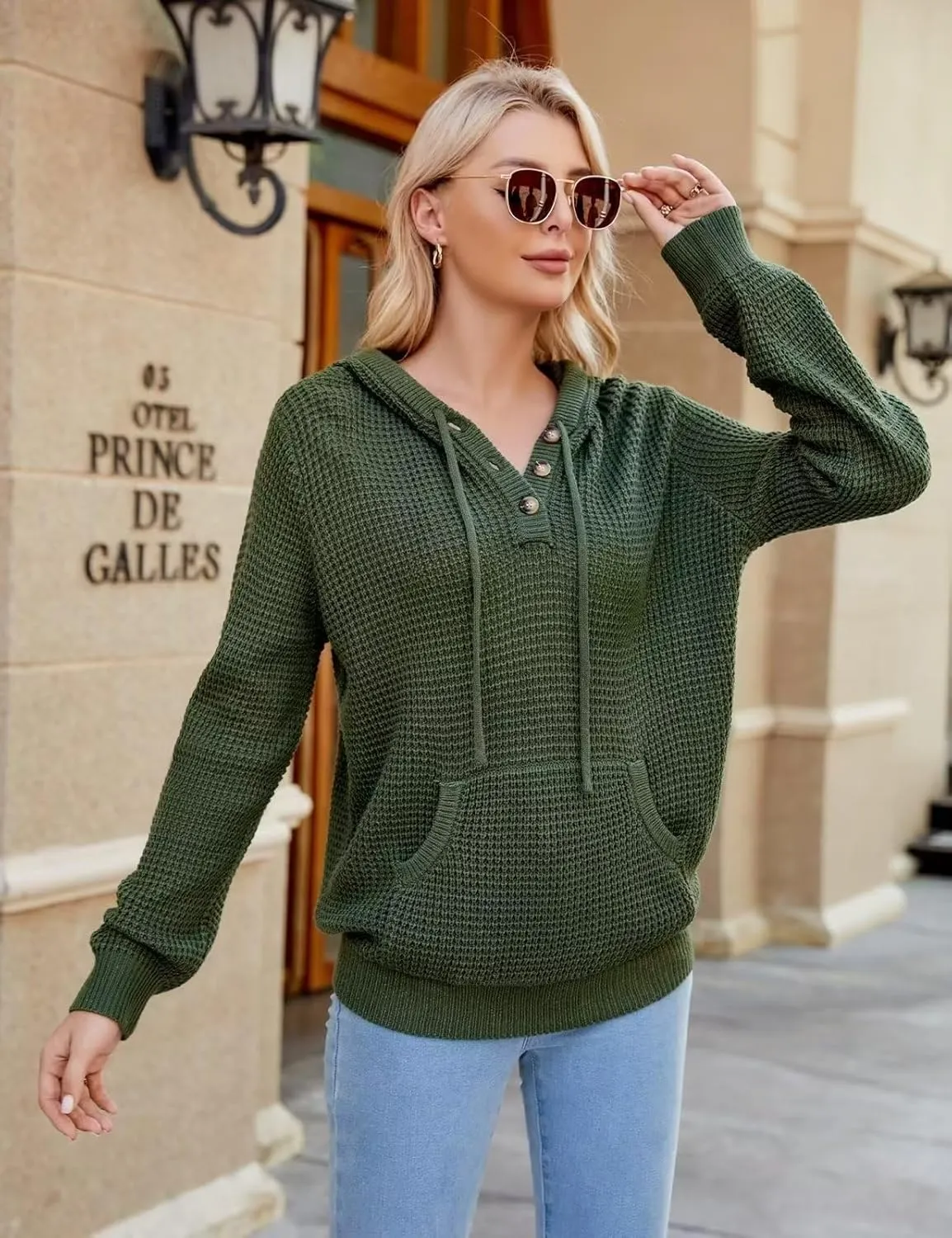 VIMPUNEC 2024 Fall Womens Oversized Hoodies Knit V Neck Sweaters Fashion Casual Pullover Tops