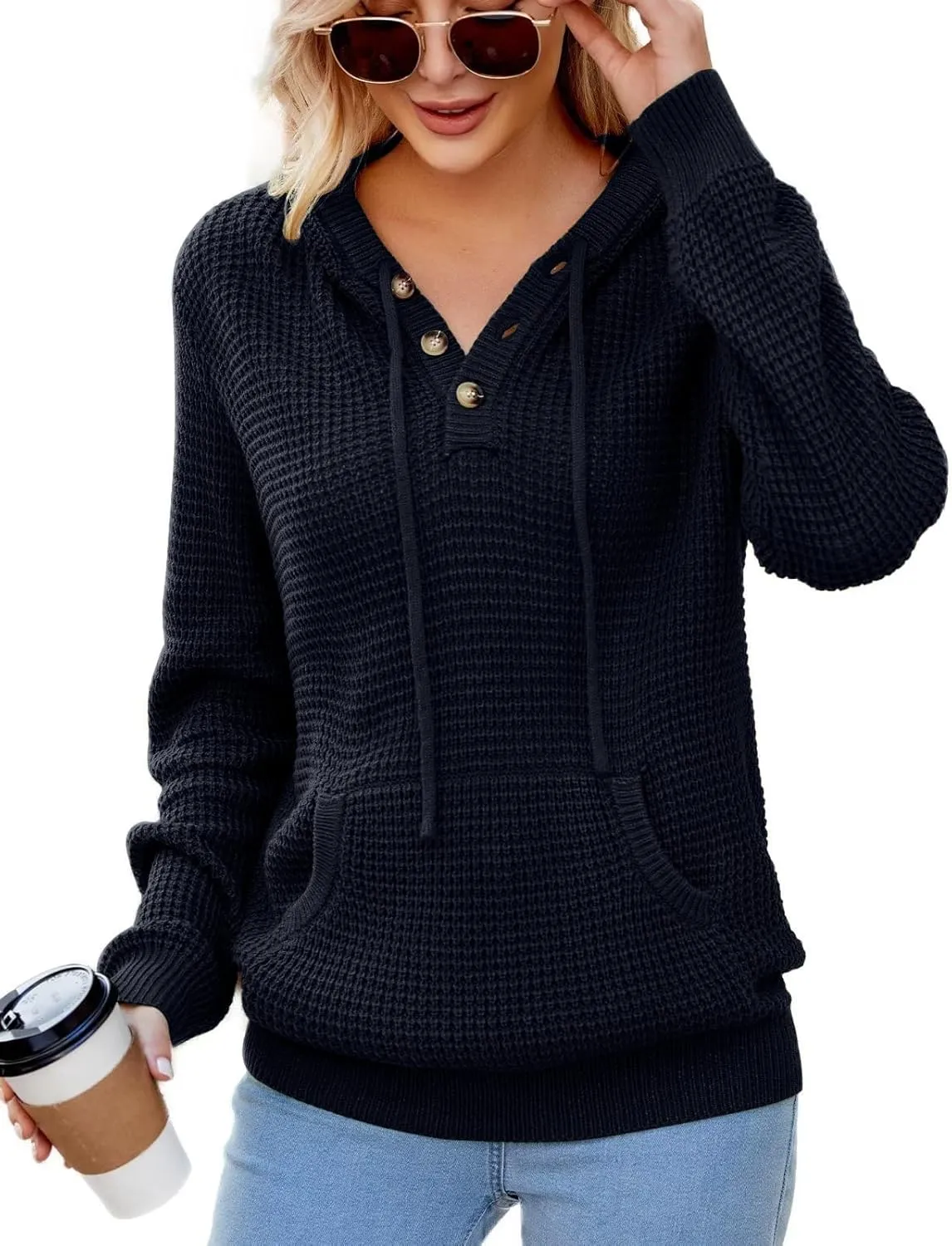 VIMPUNEC 2024 Fall Womens Oversized Hoodies Knit V Neck Sweaters Fashion Casual Pullover Tops