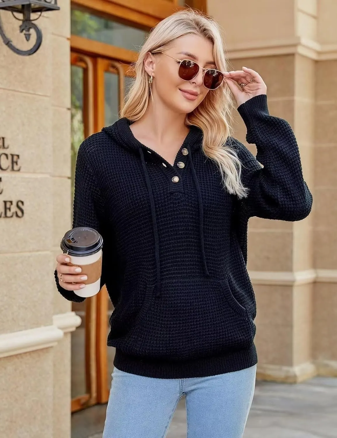 VIMPUNEC 2024 Fall Womens Oversized Hoodies Knit V Neck Sweaters Fashion Casual Pullover Tops