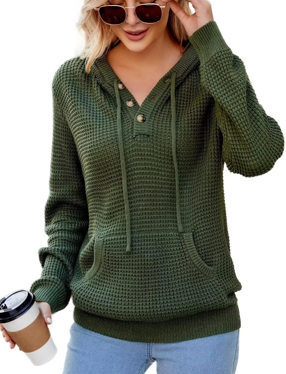 VIMPUNEC 2024 Fall Womens Oversized Hoodies Knit V Neck Sweaters Fashion Casual Pullover Tops