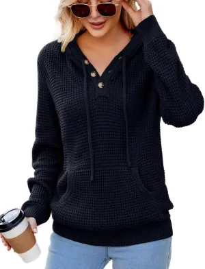 VIMPUNEC 2024 Fall Womens Oversized Hoodies Knit V Neck Sweaters Fashion Casual Pullover Tops