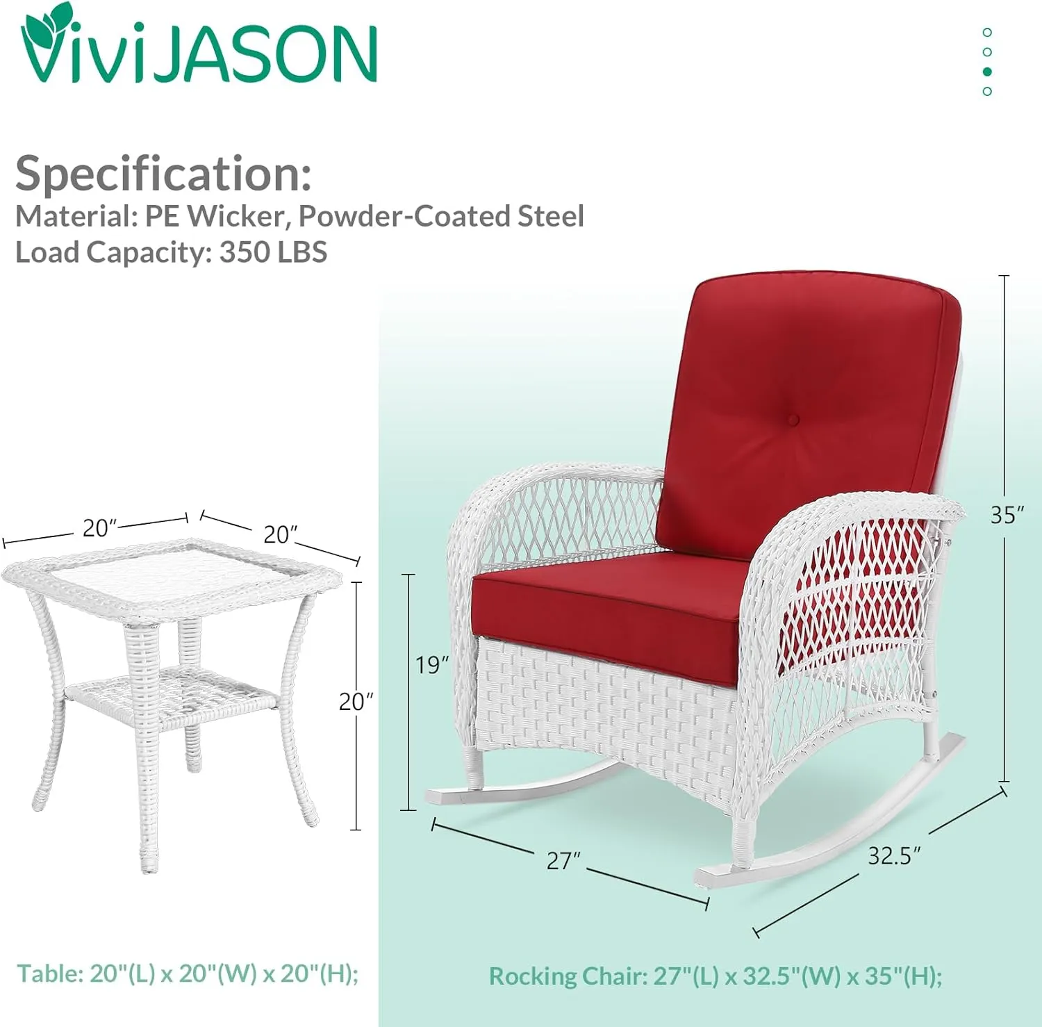 VIVIJASON 3-Piece Outdoor Conversation Bistro Set, Patio Wicker Rocking Chairs Rattan Furniture Sets w/ 2 Rattan Chairs, Cushions, Glass Top Side Table for Garden Porch Backyard (White Wicker/Red)