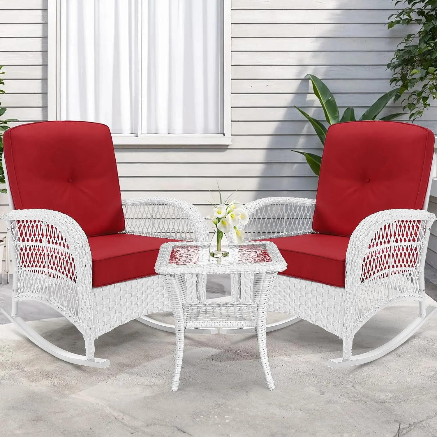 VIVIJASON 3-Piece Outdoor Conversation Bistro Set, Patio Wicker Rocking Chairs Rattan Furniture Sets w/ 2 Rattan Chairs, Cushions, Glass Top Side Table for Garden Porch Backyard (White Wicker/Red)